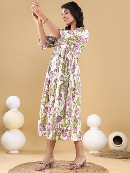 Cotton Dobby Floral Print Puff Sleeve Fit & Flare Midi Dress