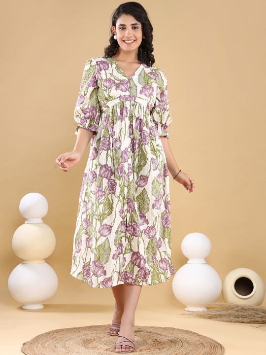 Cotton Dobby Floral Print Puff Sleeve Fit & Flare Midi Dress