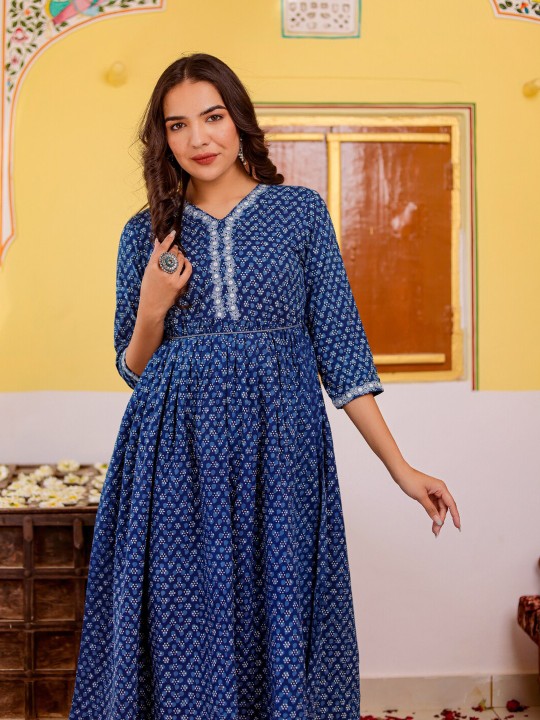 Floral Printed Gathered Thread Work Cotton Cambric Fit & Flare Midi Ethnic Dress