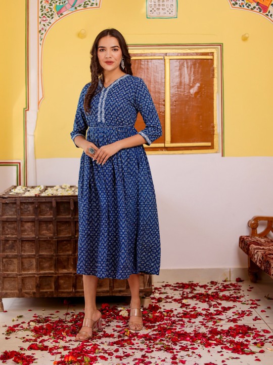 Floral Printed Gathered Thread Work Cotton Cambric Fit & Flare Midi Ethnic Dress