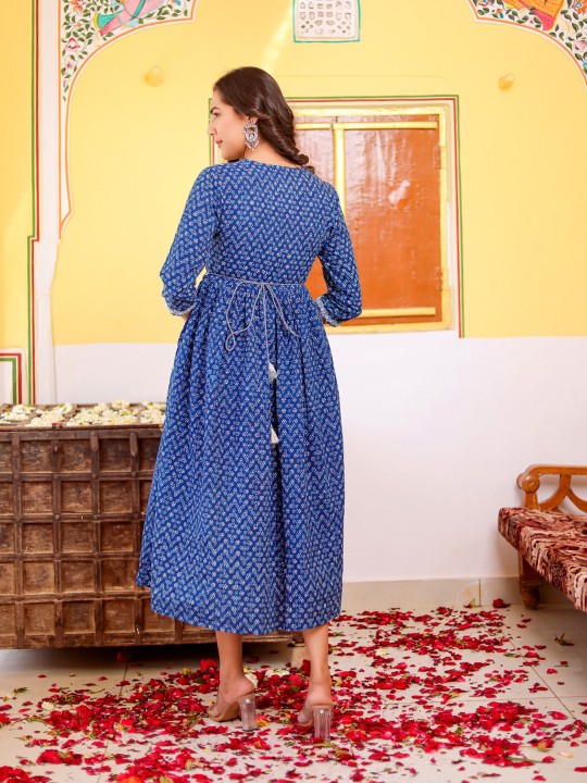 Floral Printed Gathered Thread Work Cotton Cambric Fit & Flare Midi Ethnic Dress