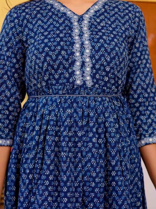 Floral Printed Gathered Thread Work Cotton Cambric Fit & Flare Midi Ethnic Dress