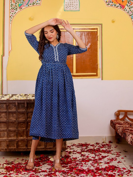 Floral Printed Gathered Thread Work Cotton Cambric Fit & Flare Midi Ethnic Dress