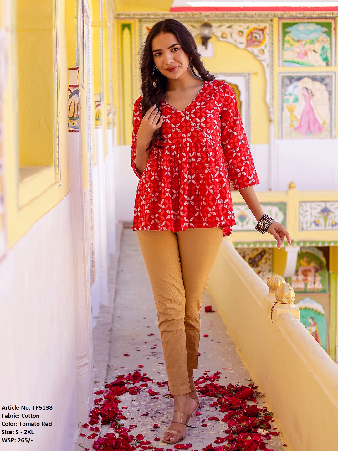 Cotton Printed V Neck Top