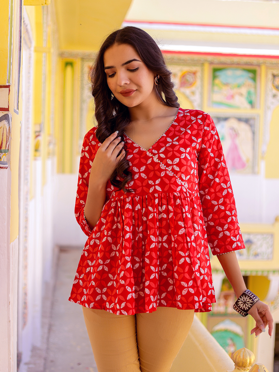 Cotton Printed V Neck Top