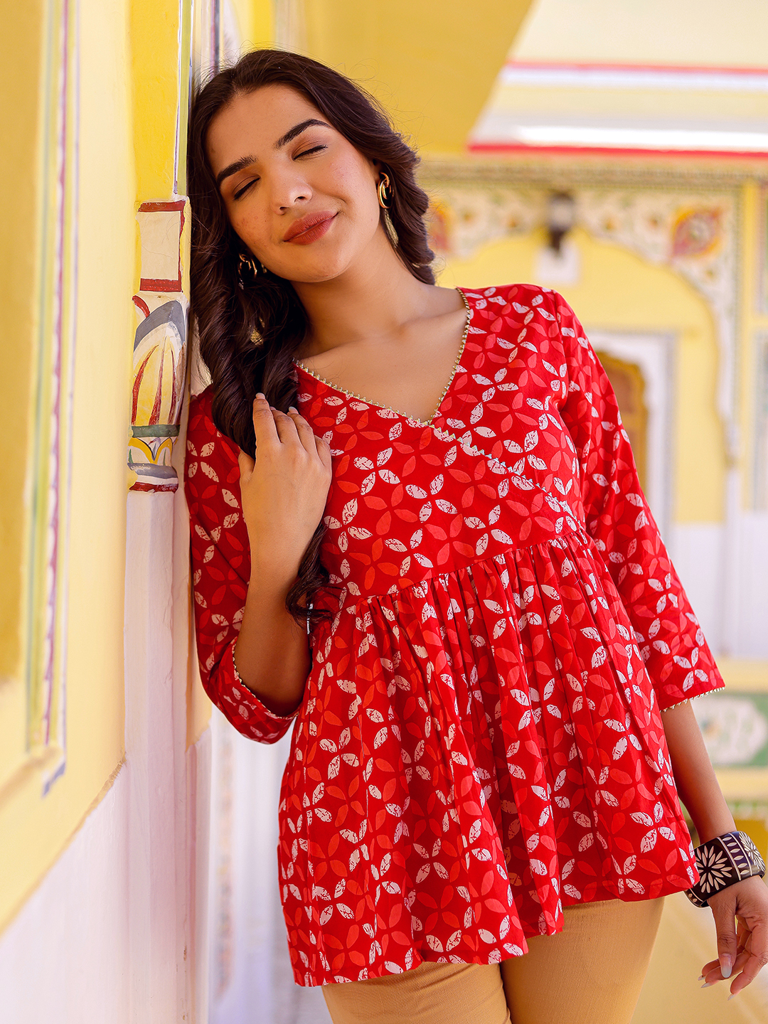 Cotton Printed V Neck Top