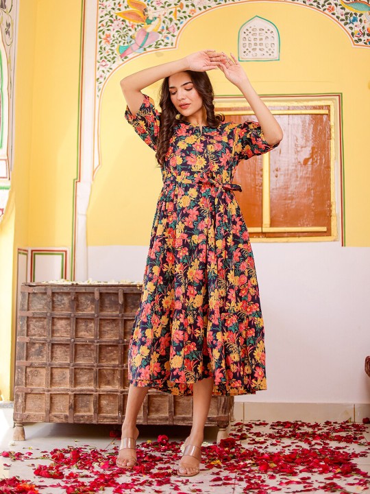 Cotton Floral Print A-Line Dress