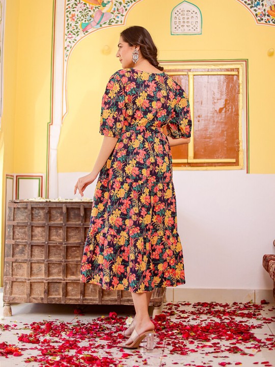 Cotton Floral Print A-Line Dress