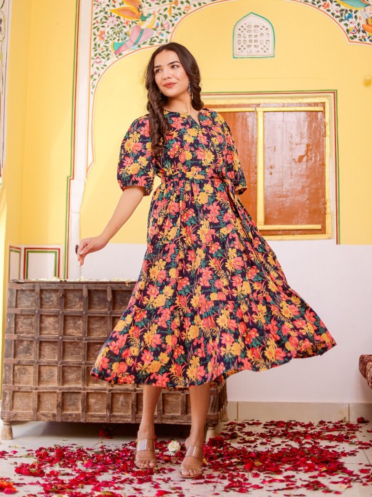 Cotton Floral Print A-Line Dress