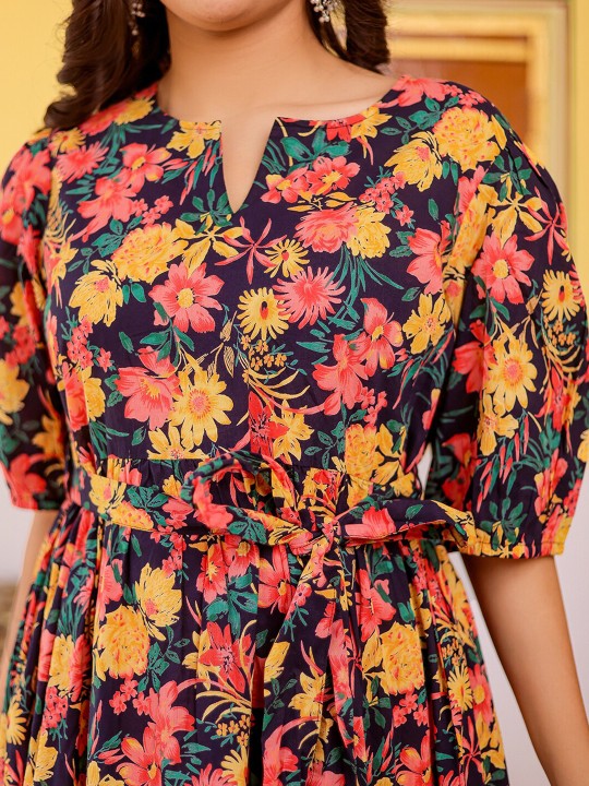 Cotton Floral Print A-Line Dress