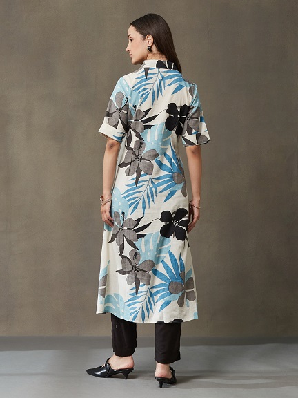 Vasvi Women's Cotton Flex Printed A-Line Kurta with Shirt Collar Hover