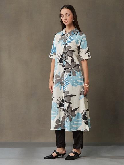 Vasvi Women's Cotton Flex Printed A-Line Kurta with Shirt Collar