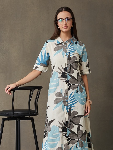 Vasvi Women's Cotton Flex Printed A-Line Kurta with Shirt Collar