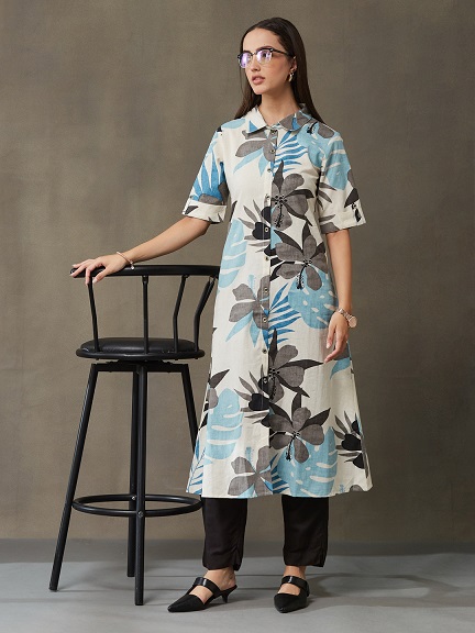 Vasvi Women's Cotton Flex Printed A-Line Kurta with Shirt Collar
