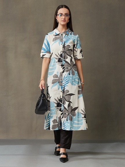 Vasvi Women's Cotton Flex Printed A-Line Kurta with Shirt Collar