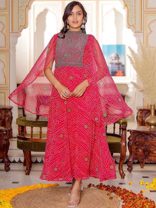 Chiffon Embroidered Adda Work Printed Flared Maxi Ethnic Dress