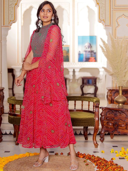Chiffon Embroidered Adda Work Printed Flared Maxi Ethnic Dress Hover