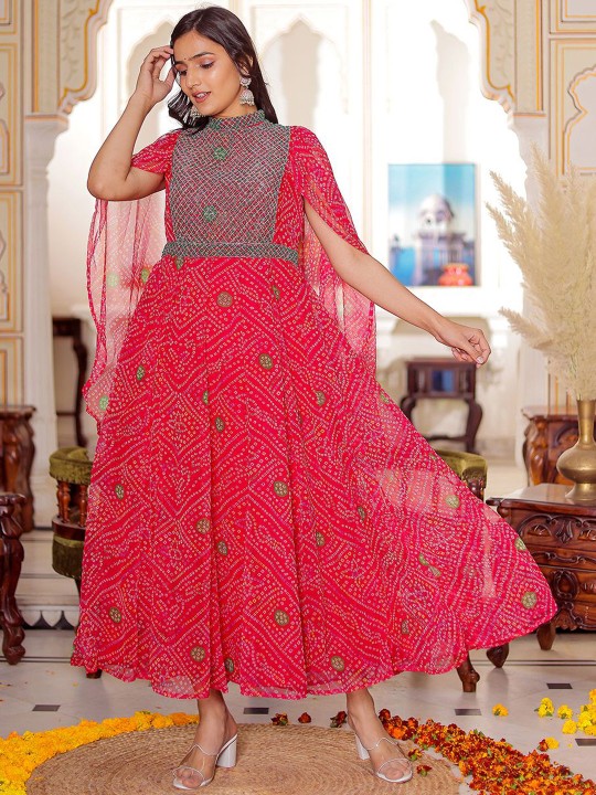 Chiffon Embroidered Adda Work Printed Flared Maxi Ethnic Dress