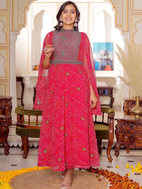 Chiffon Embroidered Adda Work Printed Flared Maxi Ethnic Dress