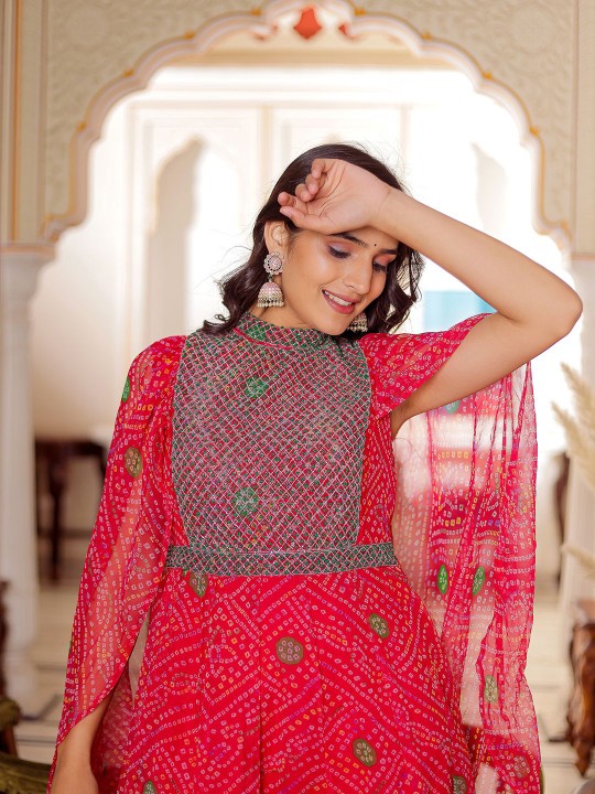 Chiffon Embroidered Adda Work Printed Flared Maxi Ethnic Dress