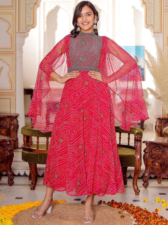 Chiffon Embroidered Adda Work Printed Flared Maxi Ethnic Dress