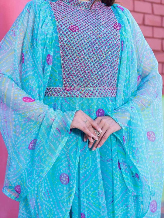 Chiffon Embroidered Adda Work Printed Flared Maxi Ethnic Dress