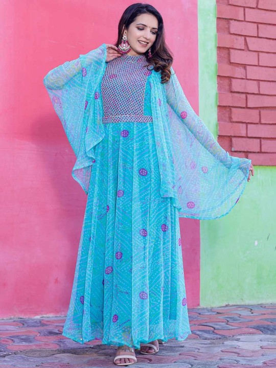Chiffon Embroidered Adda Work Printed Flared Maxi Ethnic Dress