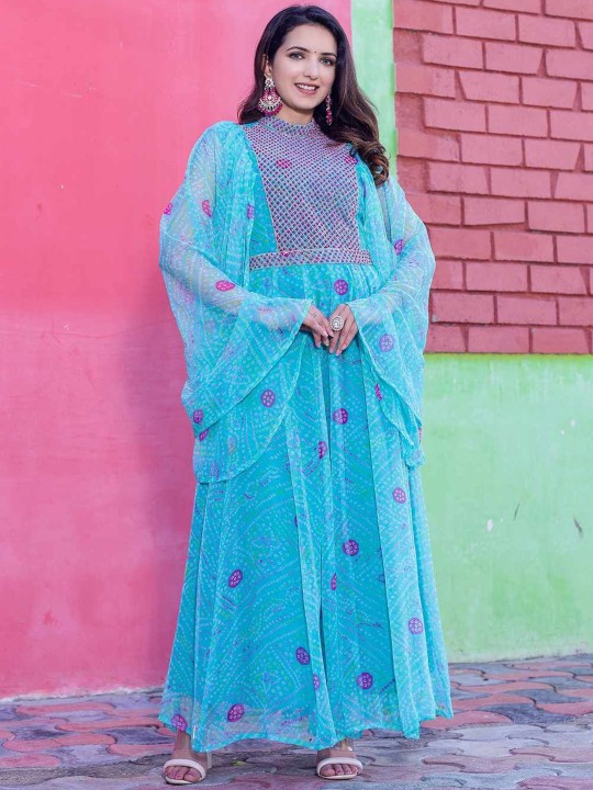 Chiffon Embroidered Adda Work Printed Flared Maxi Ethnic Dress