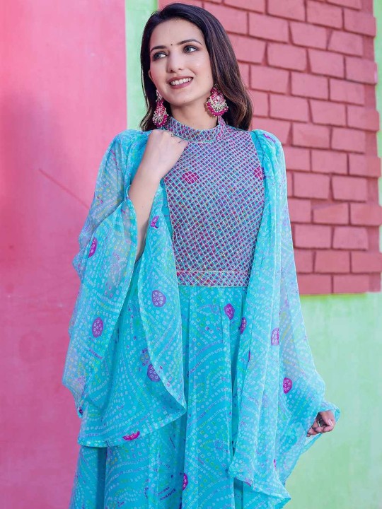 Chiffon Embroidered Adda Work Printed Flared Maxi Ethnic Dress