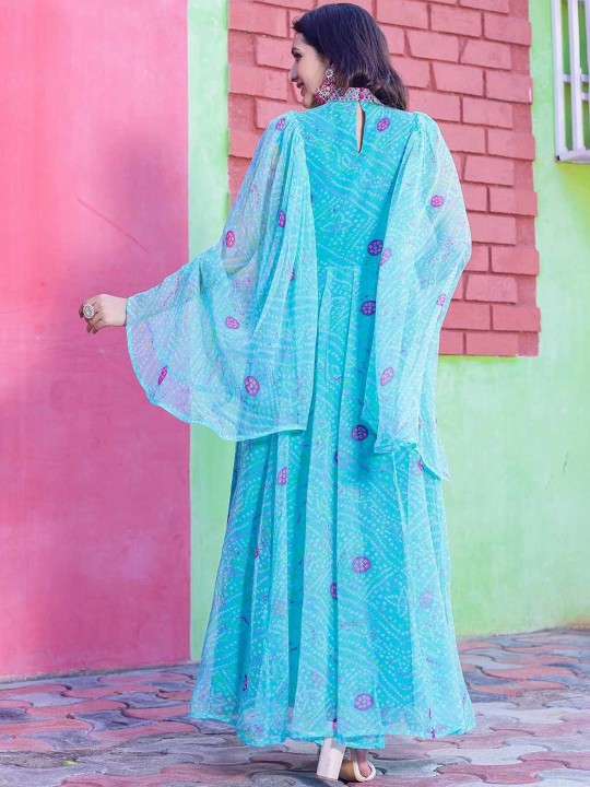 Chiffon Embroidered Adda Work Printed Flared Maxi Ethnic Dress