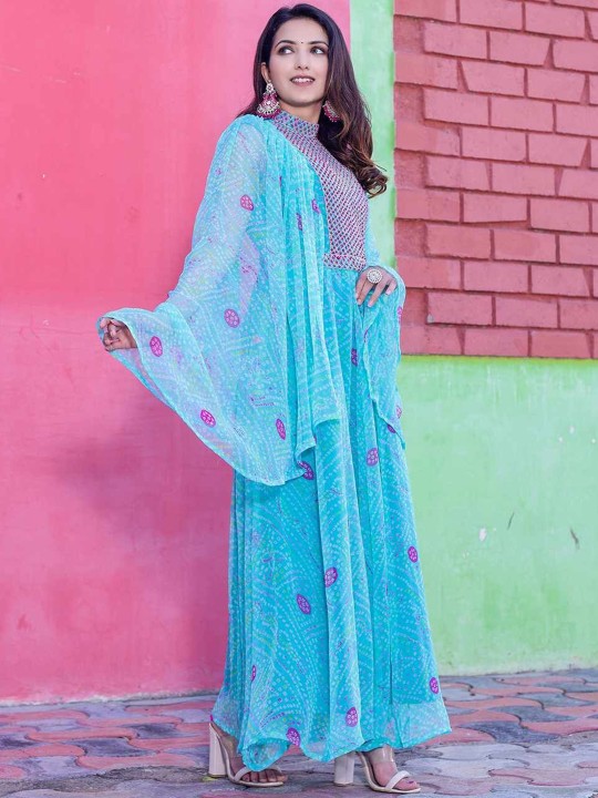 Chiffon Embroidered Adda Work Printed Flared Maxi Ethnic Dress