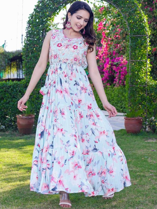 Rayon Printed & Embroidered Fit & Flare Ethnic Dress