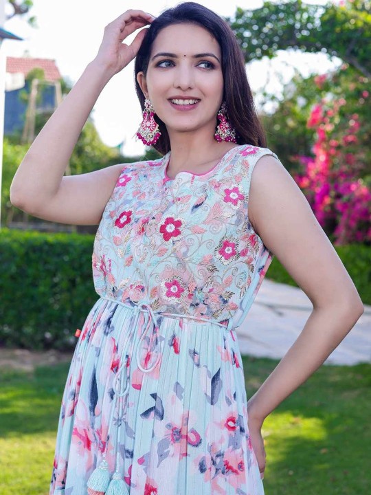 Rayon Printed & Embroidered Fit & Flare Ethnic Dress