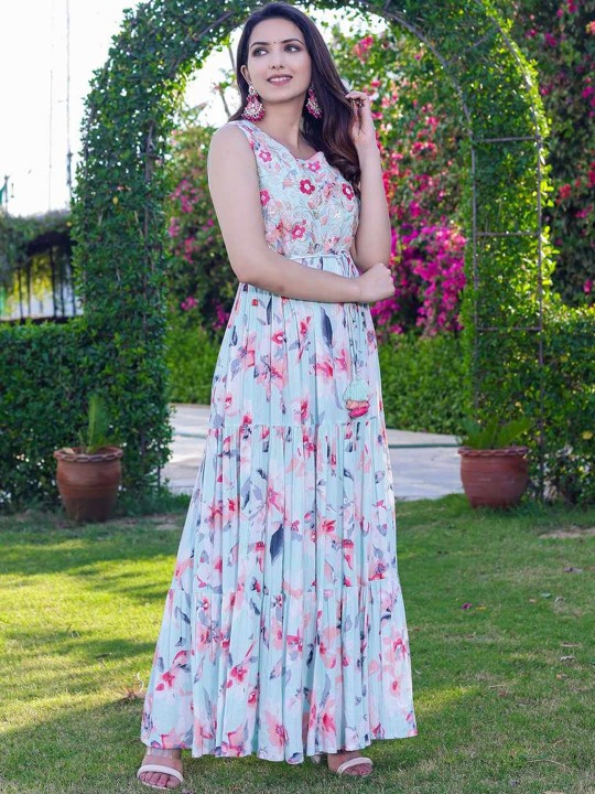 Rayon Printed & Embroidered Fit & Flare Ethnic Dress