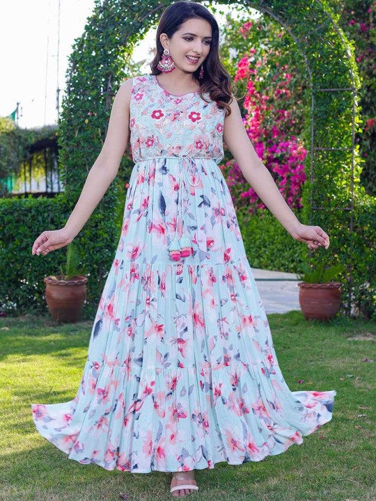 Rayon Printed & Embroidered Fit & Flare Ethnic Dress