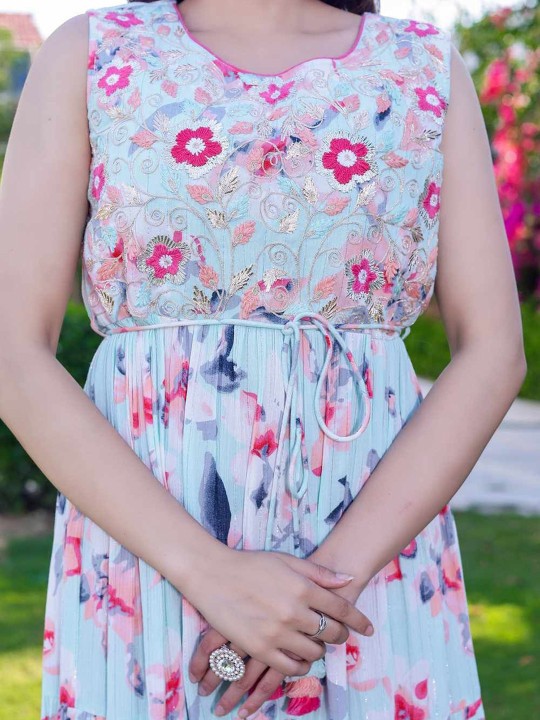 Rayon Printed & Embroidered Fit & Flare Ethnic Dress