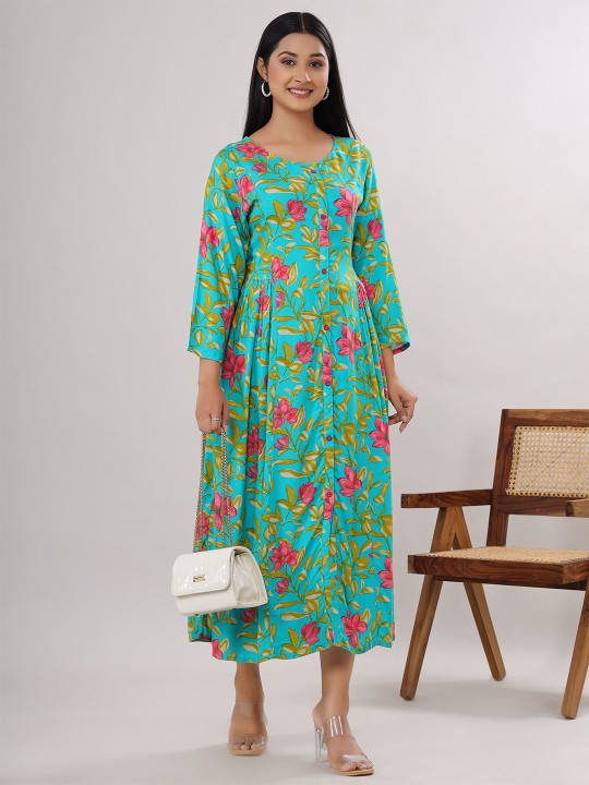 Rayon Floral Print A-Line Midi Ethnic Dress