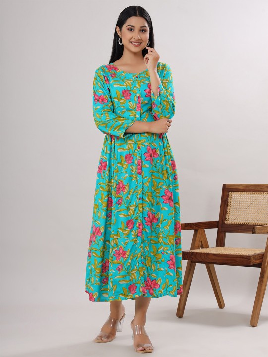 Rayon Floral Print A-Line Midi Ethnic Dress