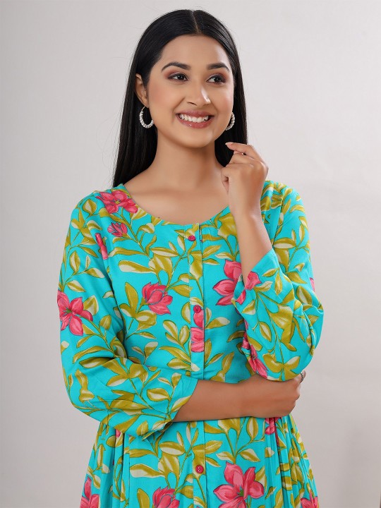 Rayon Floral Print A-Line Midi Ethnic Dress