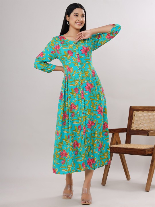 Rayon Floral Print A-Line Midi Ethnic Dress