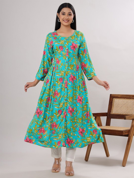 Rayon Floral Print A-Line Midi Ethnic Dress