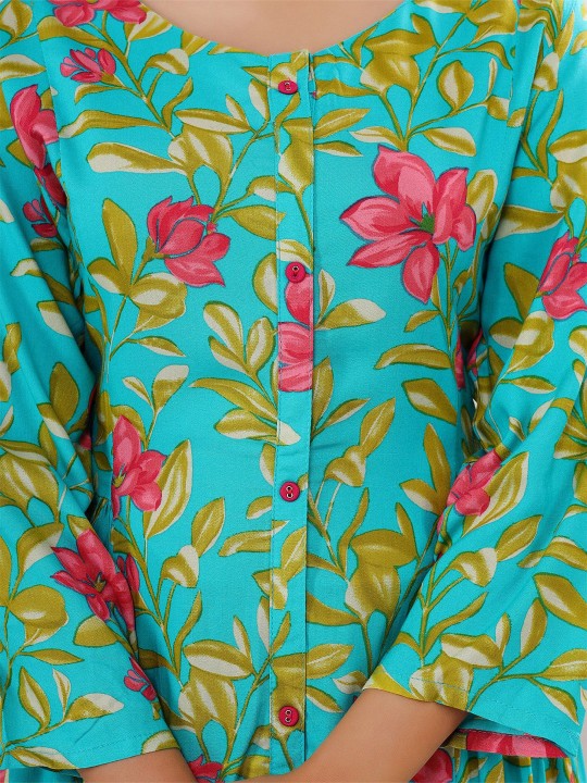 Rayon Floral Print A-Line Midi Ethnic Dress