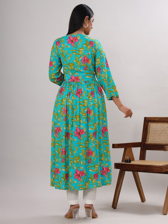 Rayon Floral Print A-Line Midi Ethnic Dress