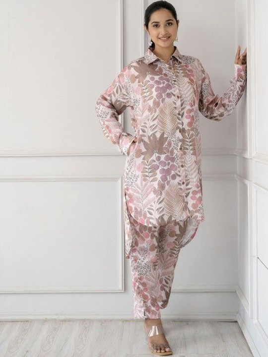 Poly Satin Floral Printed Top With Trouser Co-Ords