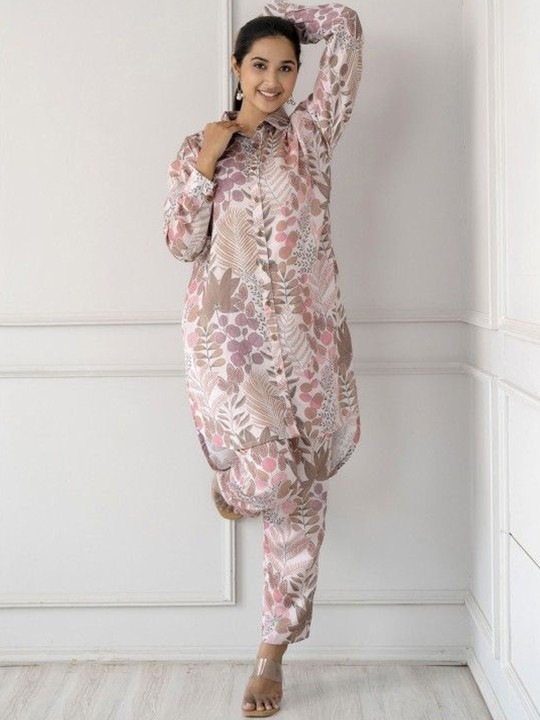 Poly Satin Floral Printed Top With Trouser Co-Ords Hover