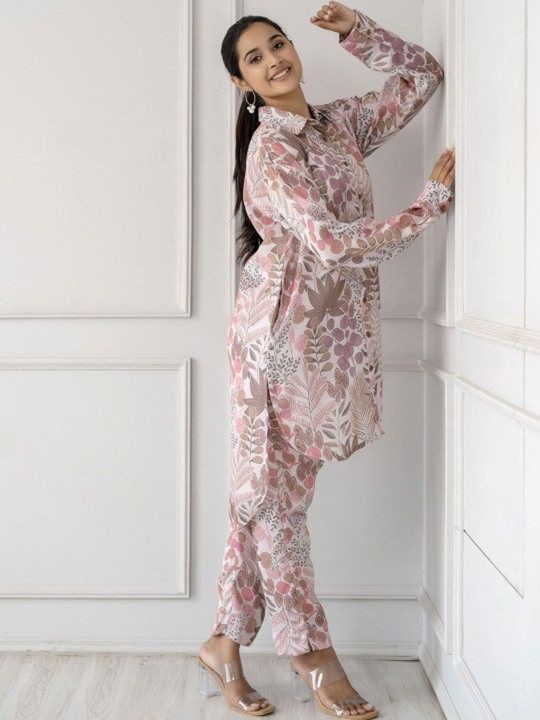 Poly Satin Floral Printed Top With Trouser Co-Ords