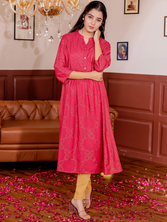 Womens Ethnic Motifs Printed Mandarin Collar A-line Kurta