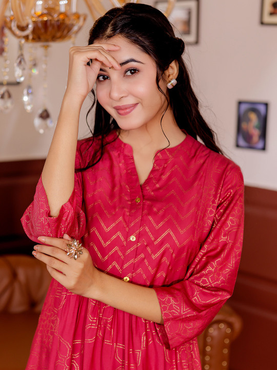 Womens Ethnic Motifs Printed Mandarin Collar A-line Kurta