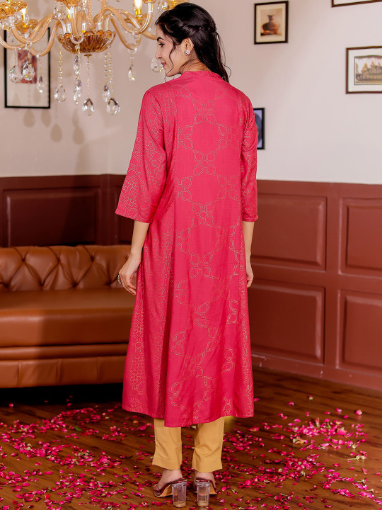Womens Ethnic Motifs Printed Mandarin Collar A-line Kurta Hover