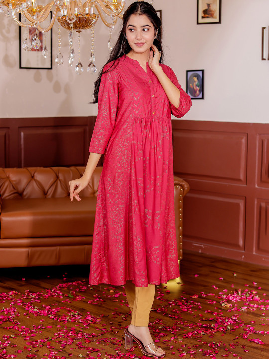 Womens Ethnic Motifs Printed Mandarin Collar A-line Kurta